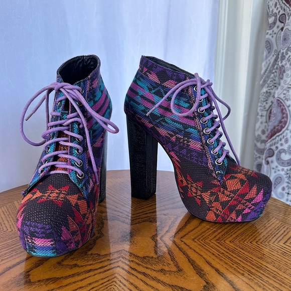 B Love Style Colorful Boho Tribal Print High Heel Lace Up Ankle Boots - Picture 3 of 17